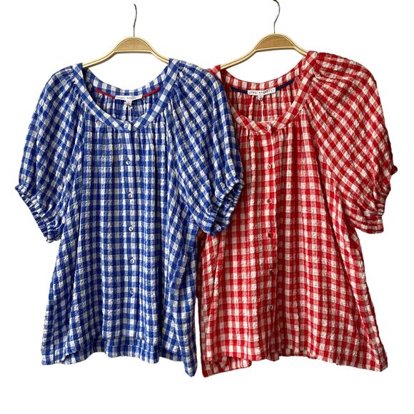 Jane + Delancey Gingham Boho Peasant Blouse Women L 2pc Lot Red Blue Cowgirl NWT - Picture 1 of 10